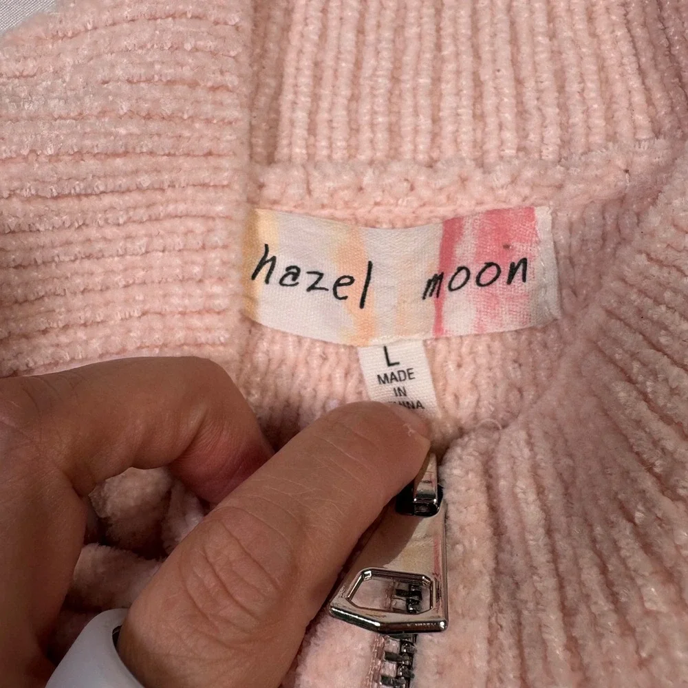 Hazel Moon Pink Knit Cropped Full Zip Mock Neck Cardigan Sweater Large